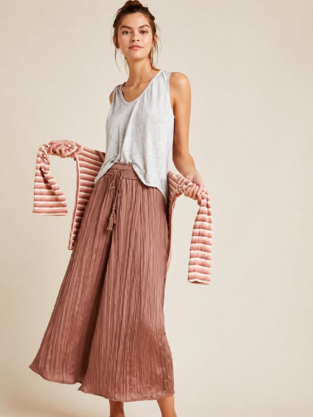 NWT Anthropologie Saturday Sunday Plisse Tassel Pleated Chocolate Wide Leg Pant‎